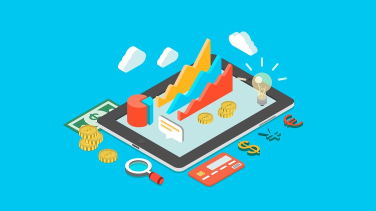 A conceptual graphic containing graphics, lightbulbs, credit cards, magnifying glass, and various money symbols