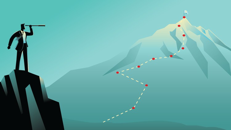 A man stands on a mountain looking through a telescope. On another mountain, a trail with markers leads to the peak.