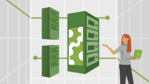 a conceptual graphic showing a data center with multiple servers