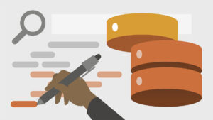 A graphic of a hand with a pen, a database icon, and a search icon