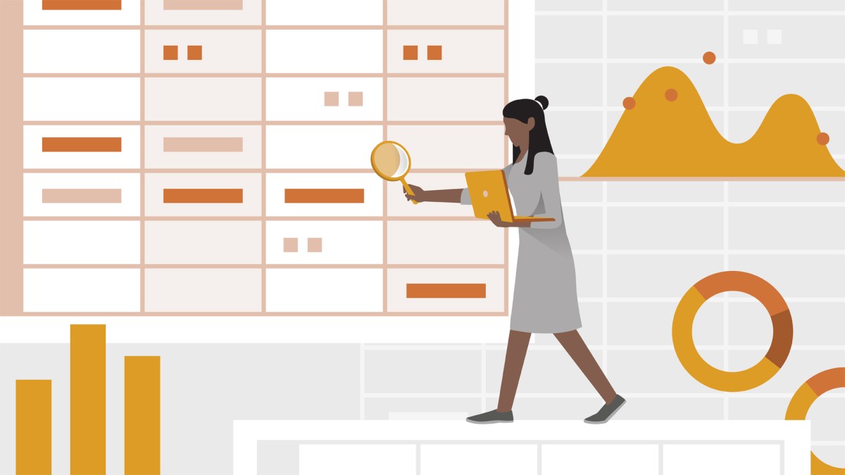 A conceptual graphic showing a woman holding a magnifying glass over a large spreadsheet
