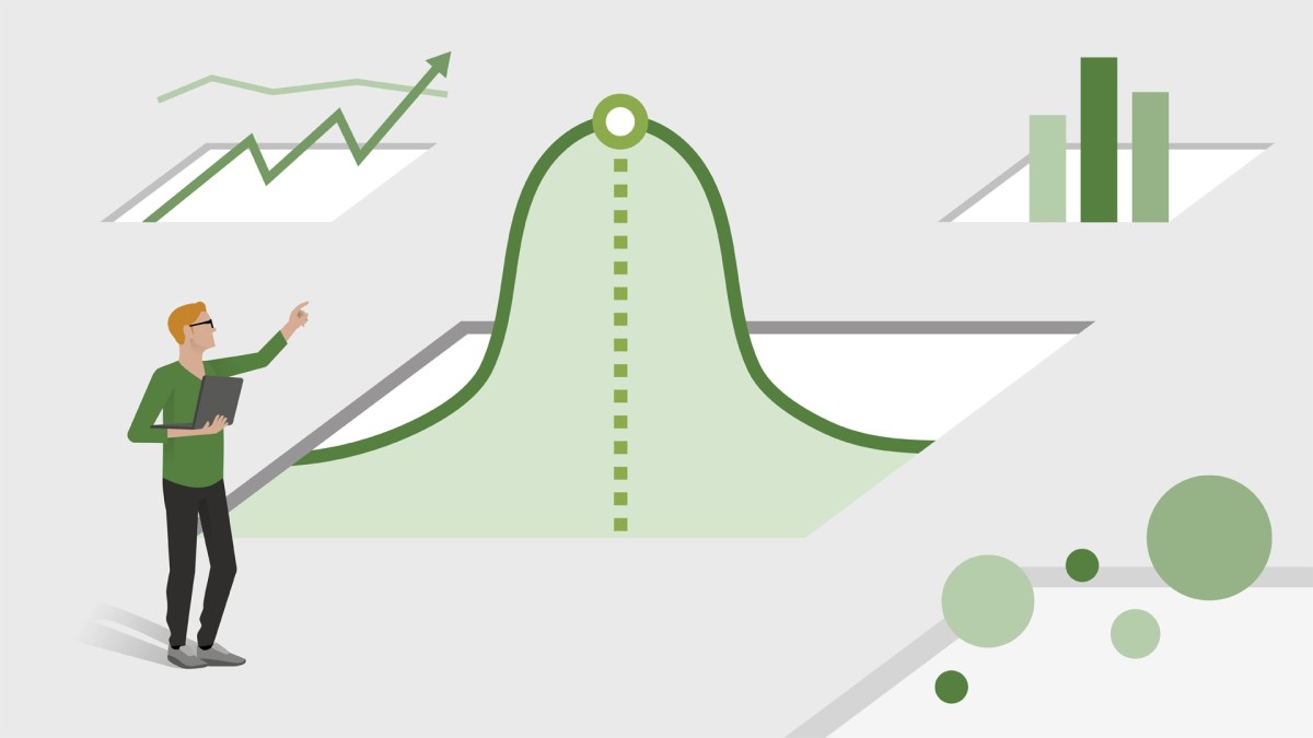 a conceptual graphic of a man holding a laptop. He points to a large normal curve.