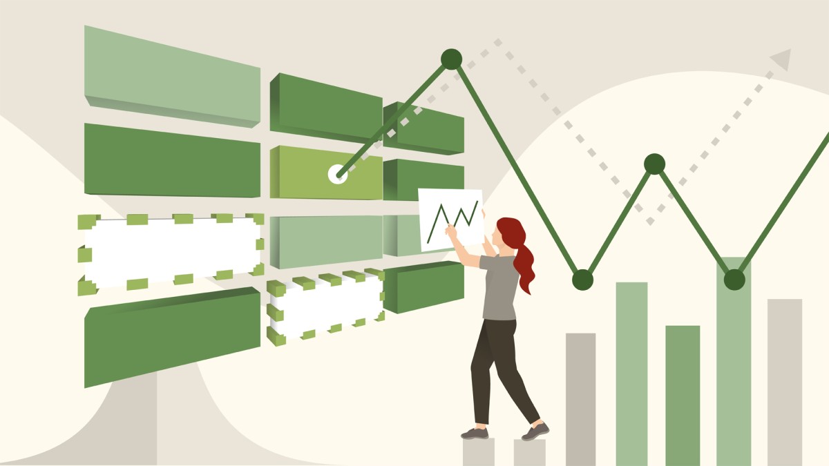 A conceptual graphic of a person moving large spreadsheet "cells" on a wall