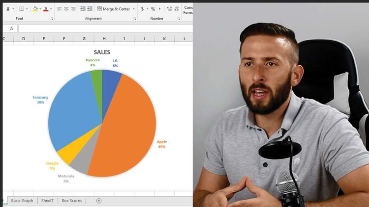 A split screen with a pie chart on the left and a person speaking into a microphone on the right