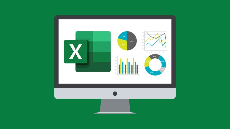 A monitor with various financial graphs and the icon for Microsoft Excel