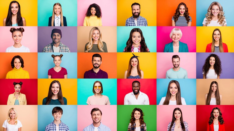 many smiling faces with different colored backgrounds