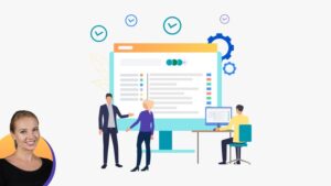 A conceptual graphic of project management screen with people meeting in front of it.