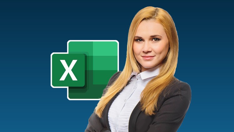 A business women facing forward next to an icon of Microsoft Excel
