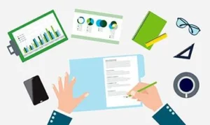 A cartoon drawing of a person writing on a report with a journal and graphs around them