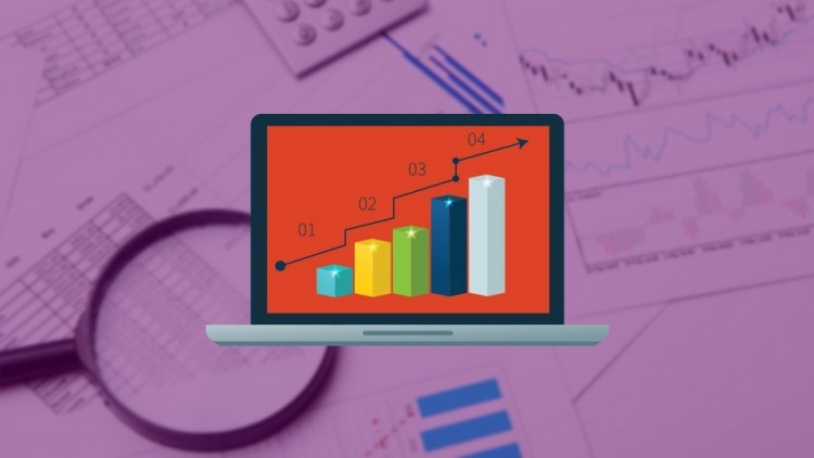 A bar chart showing growth on a laptop