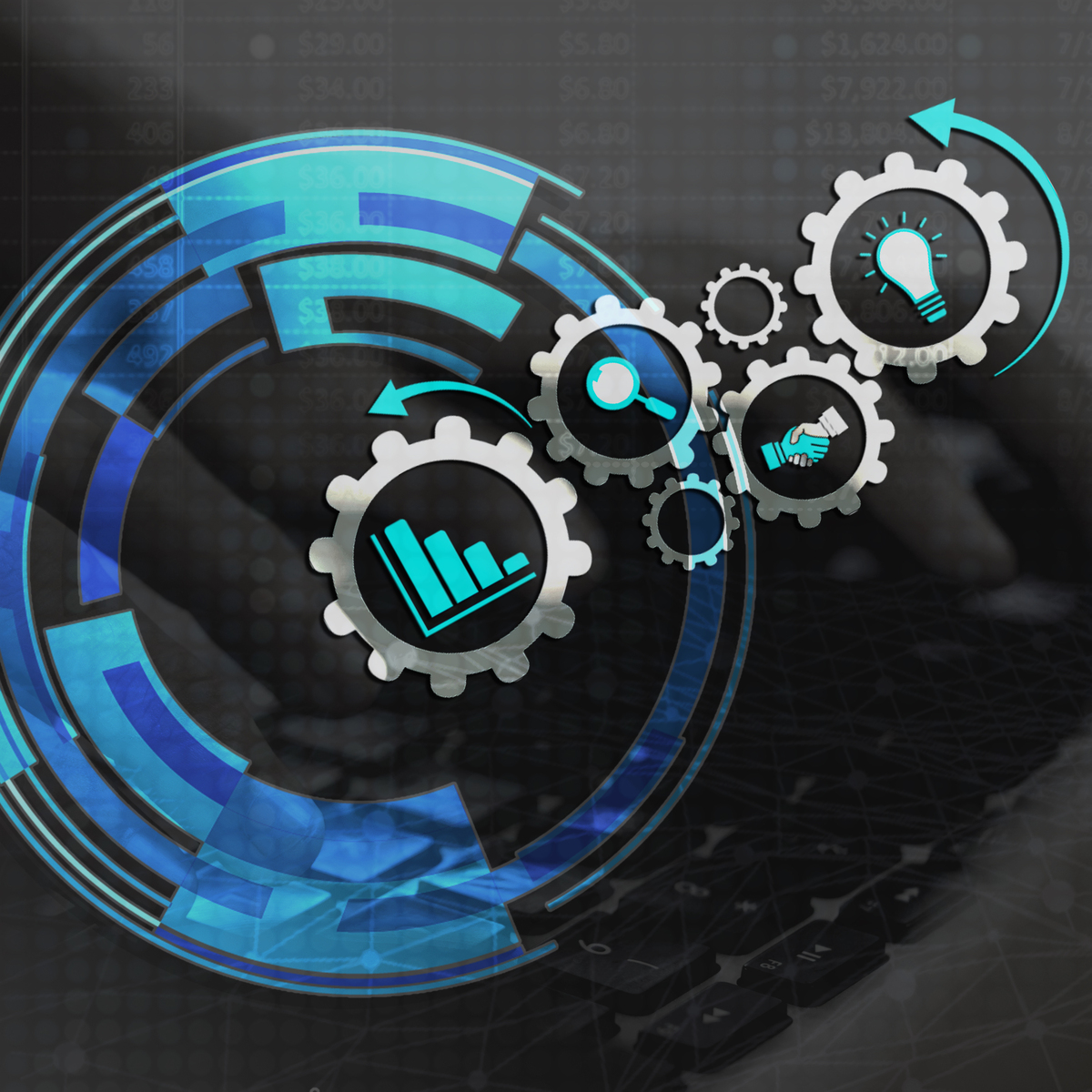 Conceptual graphic containing intertwining gears with a bar chart, magnifying glass, and lightbulb