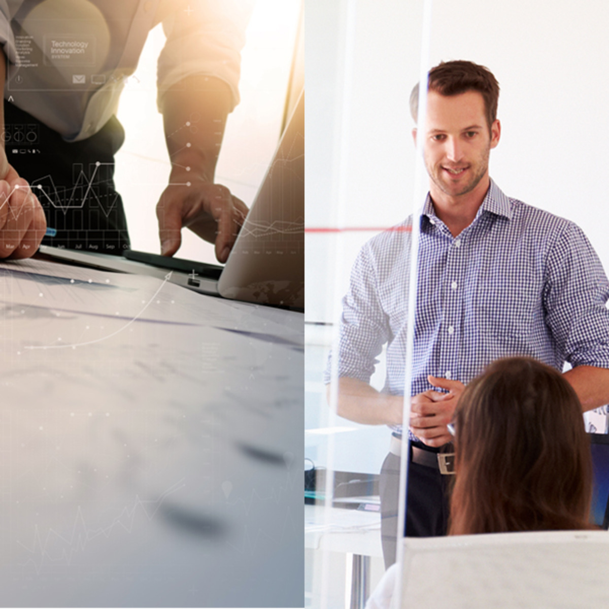 A man tying on a computer. Another man speaking to a woman in a business setting