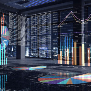 Transparent graphs and spreadsheets presented across the walls of a room