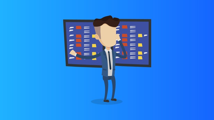 A cartoon of a man in a suit in front of a board of sticky notes.