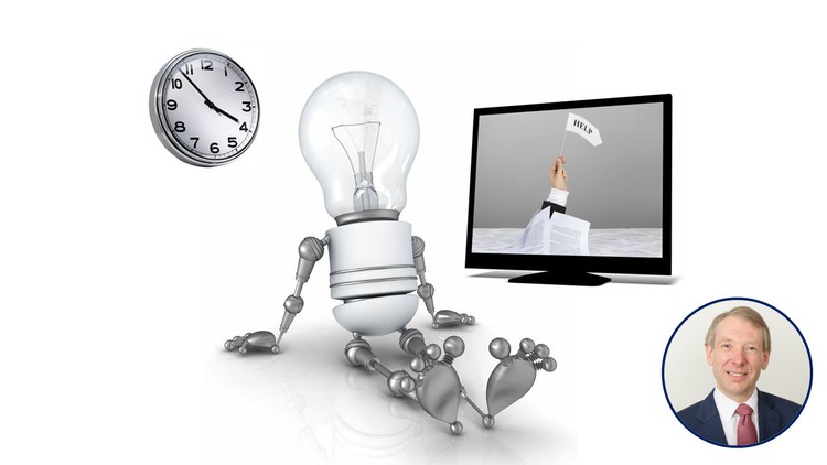 An image of a clock, a lightbulb, a monitor, and a picture of the author