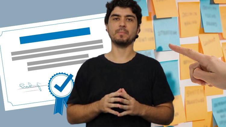 A man stands in front of a certification image.