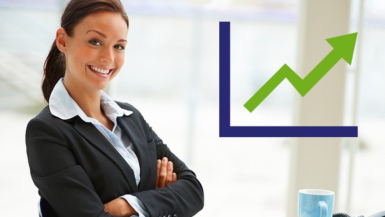 A businesswoman smiling next to a line graph indicating growth.