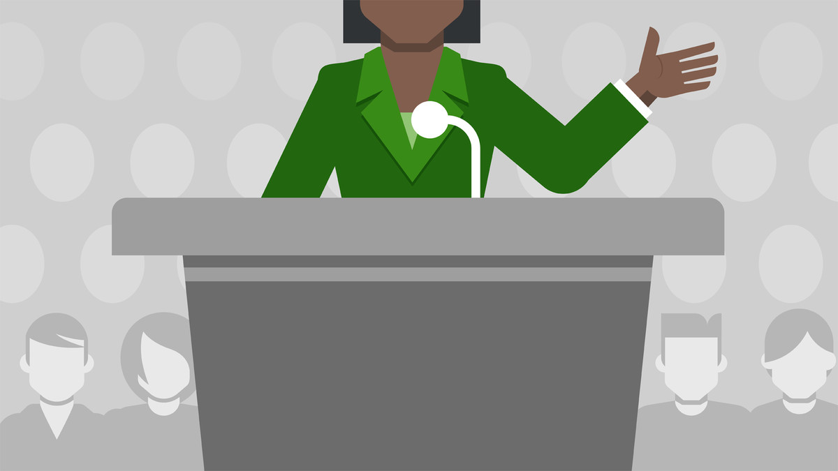 A cartoon of a woman speaking at a podium with an audience in the background.