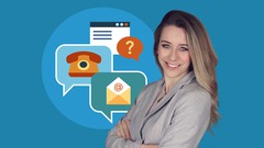 The author of the course smiles. Behind her are phone, email and chat icons.