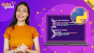 The presenter for the course is pictured next to a laptop and the Python logo.